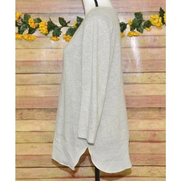 Neiman Marcus Cashmere Collection Neutral Beige Sweater Size L V-Neck Silk Hem - Picture 4 of 9